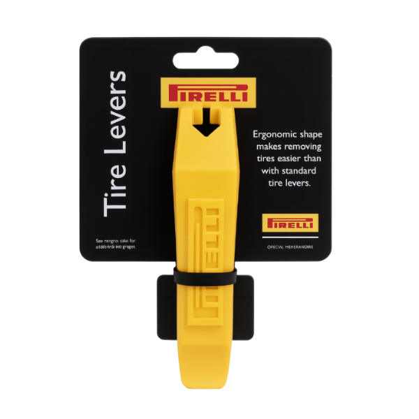 Démonte-pneu vélo Pirelli jaune en plastique renforcé, outil pratique pour montage et démontage rapide des pneus.